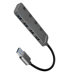 Хаб AXAGON HUE-MSA SuperSpeed USB-A SWITCH hub w. функція зарядки, USB-A кабель 20см, Сірий
