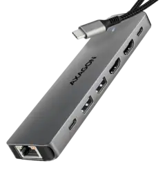 Хаб концентратор AXAGON HMC-7HX2 USB-C 5Гбіт/с DUAL 4K DISPLAY 7in1 hub, Сірий