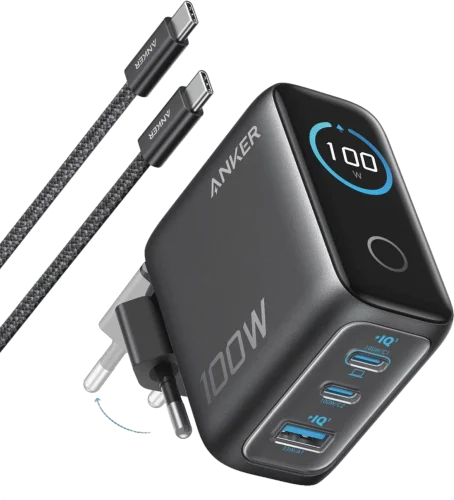 Адаптер ANKER GaN Charger 100W, 2xUSB-C PD & 1xUSB-A w Display and Cable (Dark Gray)