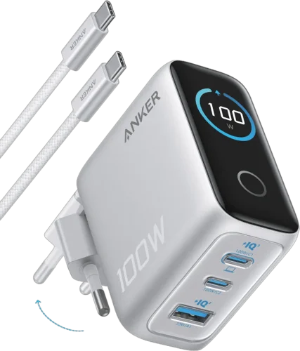 Адаптер ANKER GaN Charger 100W, 2xUSB-C PD & 1xUSB-A w Display and Cable Silver (7232957)