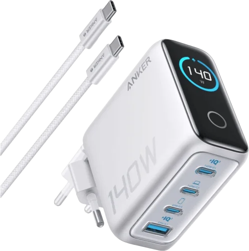 Адаптер ANKER Laptop GaN Charger 140W, 3xUSB-C PD3.1 & 1xUSB-A w Display and Cable (Silver)