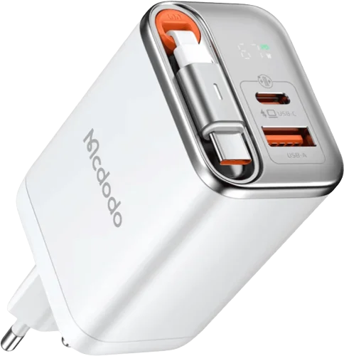 Адаптер Mcdodo [CH-4100] Display GaN Charger 67W [Built-in 65cm retractable cable USB-C] (White)
