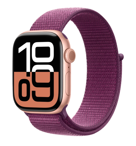 Apple Watch Series 10 46mm Rose Gold Aluminum Case with Plum Sport Loop (MWWV3)