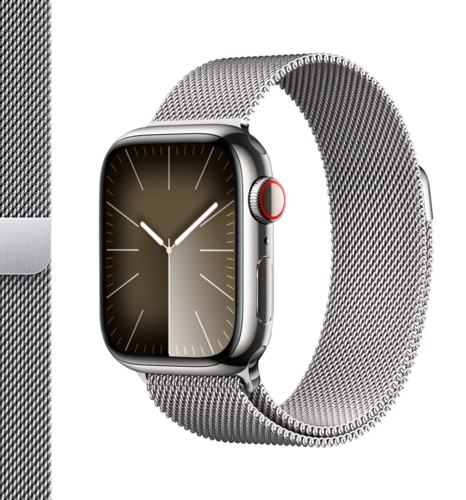 Apple Watch Series 9 41mm GPS + Cellular Silver Stainless Steel Case with Silver Milanese Loop (MRJ43)