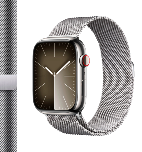 Apple Watch Series 9 45mm GPS + Cellular Silver Stainless Steel Case with Silver Milanese Loop (MRMQ3)