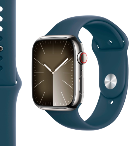 Apple Watch Series 9 45mm GPS + Cellular Silver Stainless Steel Case with Storm Blue Sport Band - M/L (MRMP3)