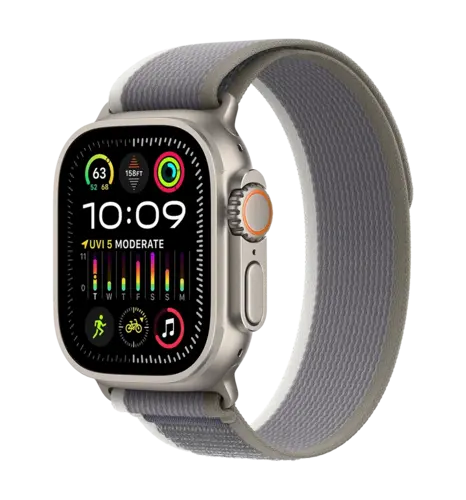 Apple Watch Ultra 2 49mm Natural Titanium Case with Green/Gray Trail Loop - S/M (MRF33)