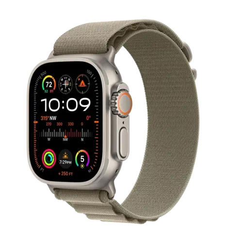 Apple Watch Ultra 2 49mm Natural Titanium Case with Olive Alpine Loop - Medium (MREY3)