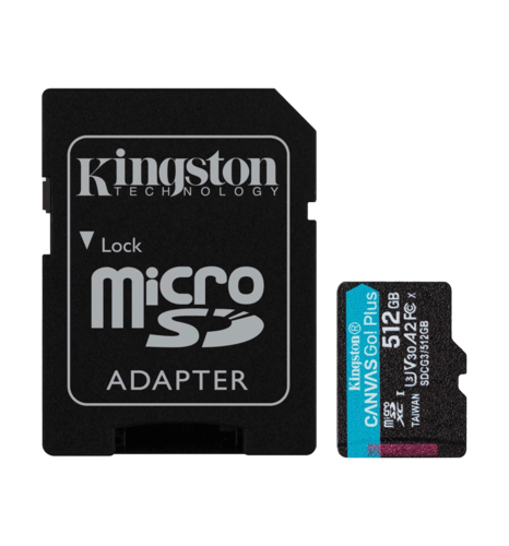 Карта памяти Kingston Canvas Go Plus 512Gb class 10 A2 V30 Adapter SD (R170MB/s, W90MB/s)(SDCG3/512GB)