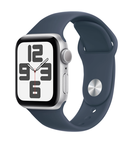 Apple Watch SE (gen 2) 2023 40mm Silver Aluminum Case with Storm Blue Sport Band M/L (MRE23)