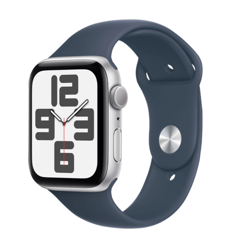Apple Watch SE (gen 2) 2023 44mm Silver Aluminum Case with Storm Blue Sport Band M/L (MREE3)