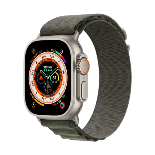 Apple Watch Ultra 49mm Titanium Case with Green Alpine Loop - Large (MQFP3)