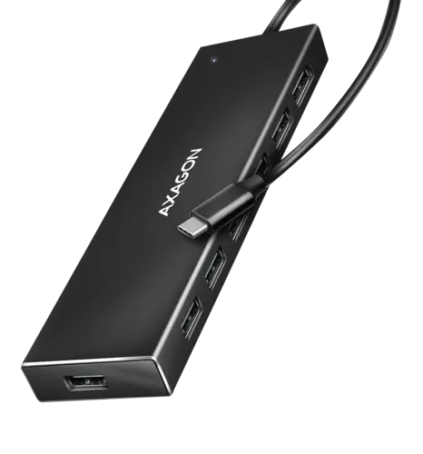 Хаб AXAGON HUE-F7C SuperSpeed USB-C FLAT CHARGING hub, кабель 30см USB-C, Чорний