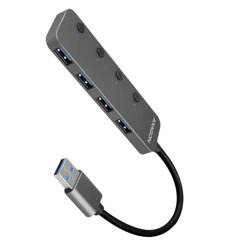 Хаб AXAGON HUE-MSA SuperSpeed USB-A SWITCH hub w. функція зарядки, USB-A кабель 20см, Сірий