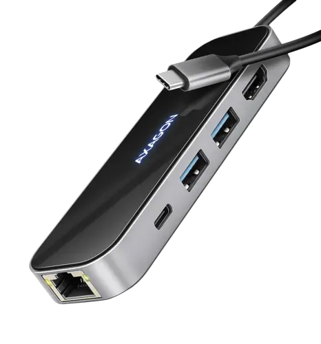 Хаб концентратор AXAGON HMC-6GLN USB-C 5Гбіт/с GLASS 6in1 hub, Чорний/Сірий