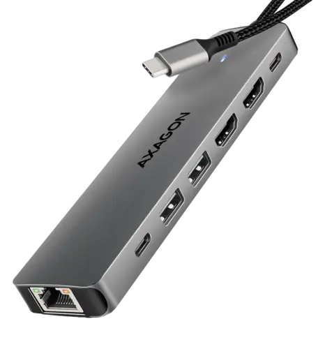 Хаб концентратор AXAGON HMC-7HX2 USB-C 5Гбіт/с DUAL 4K DISPLAY 7in1 hub, Сірий
