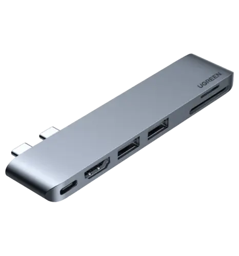 Хаб UGREEN CM380 Dual USB-C To HDMI+2xUSB 3.0 A+TF/SD+USB-C Female Converter Space Gray (80856)