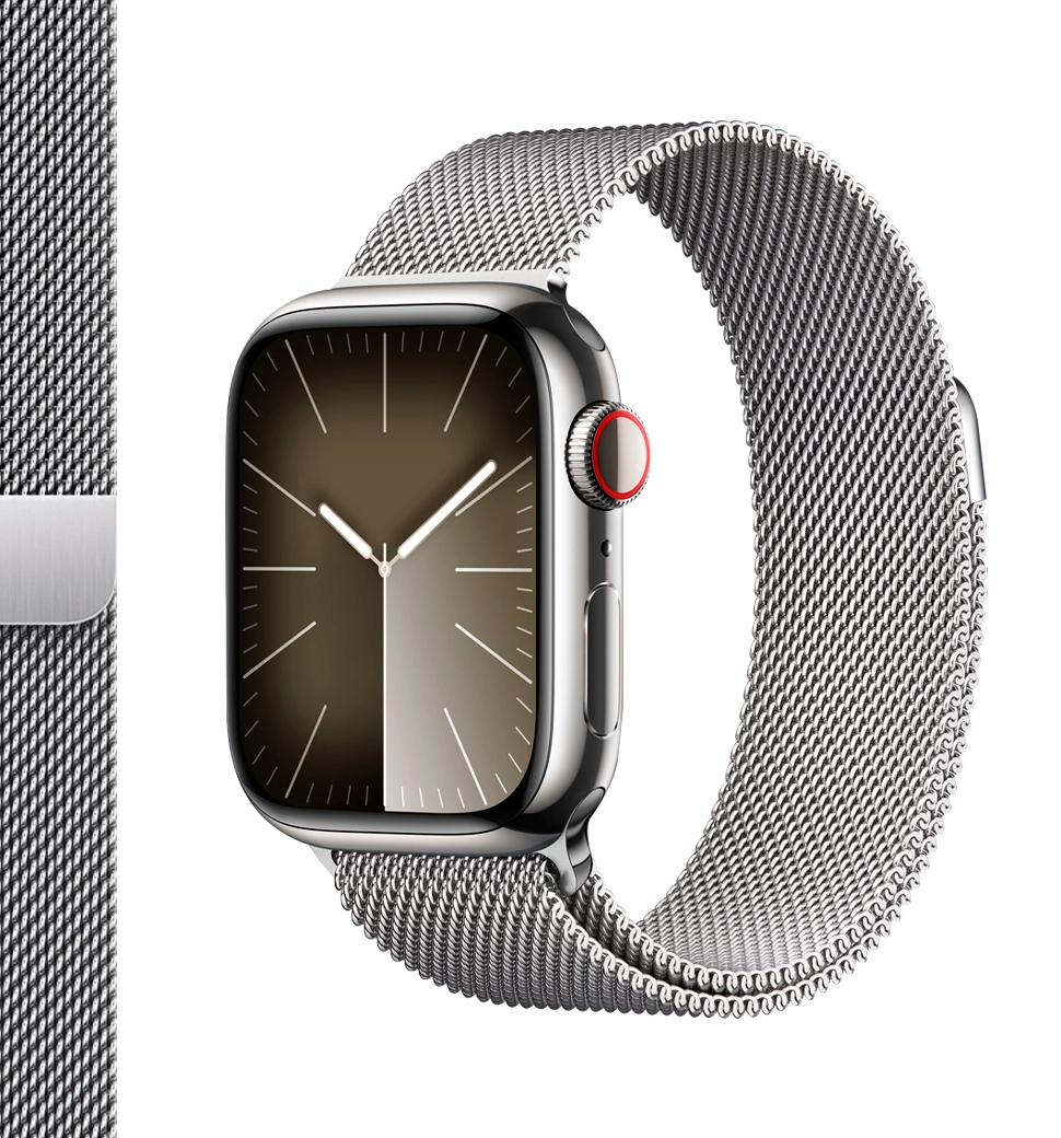 Apple Watch Series 9 41mm GPS + Cellular Silver Stainless Steel Case with Silver Milanese Loop (MRJ43)