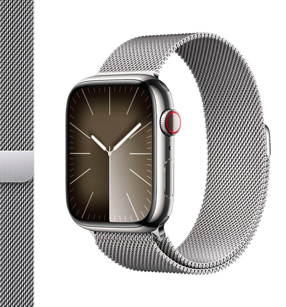 Apple Watch Series 9 45mm GPS + Cellular Silver Stainless Steel Case with Silver Milanese Loop (MRMQ3)