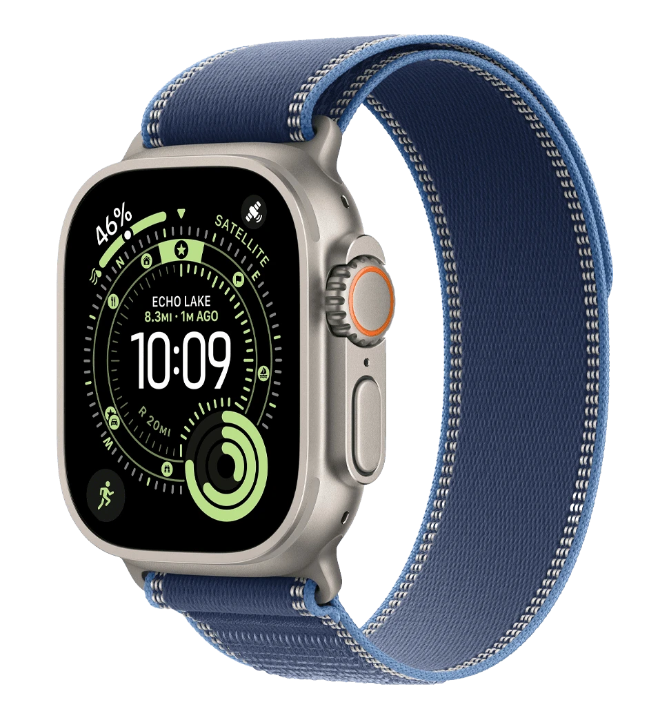 Apple Watch Ultra 3 GPS + Cellular 49mm Natural Titanium Case with Blue/Bright Blue Trail Loop - S/M (MEWR4)