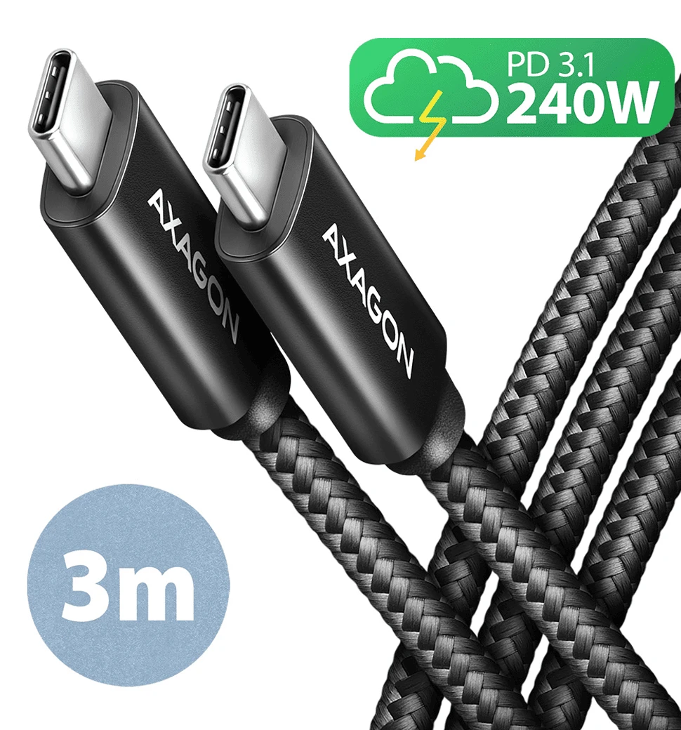 Кабель AXAGON BUCM2-CM30AB USB-C -USB-C 2.0, 3м, PD 240W 5A, Чорний
