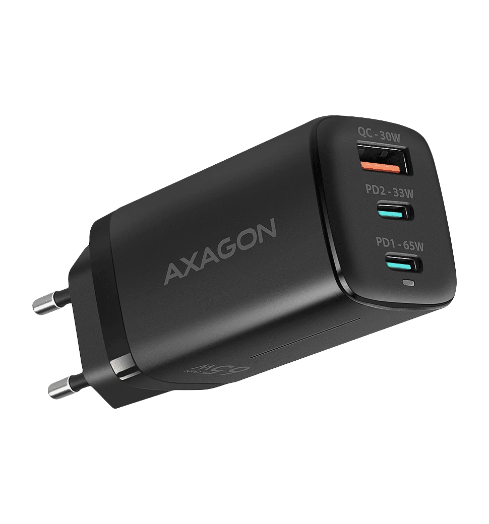 Мережевий зарядний пристрій AXAGON ACU-DPQ65, 3x port (USB + dual USB-C), PD3.0/QC4+/PPS/Apple, 65W,