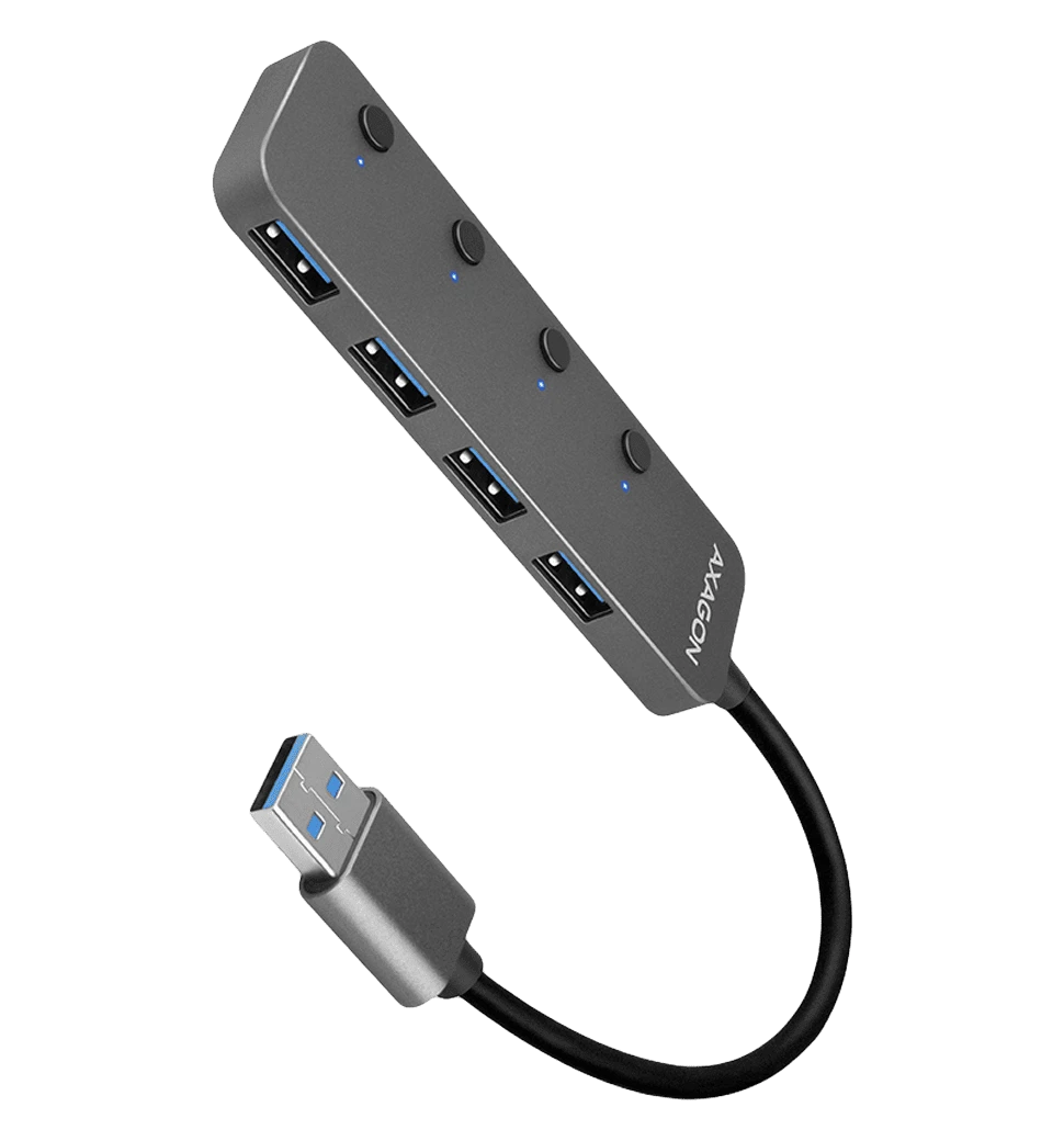 Хаб AXAGON HUE-MSA SuperSpeed USB-A SWITCH hub w. функція зарядки, USB-A кабель 20см, Сірий