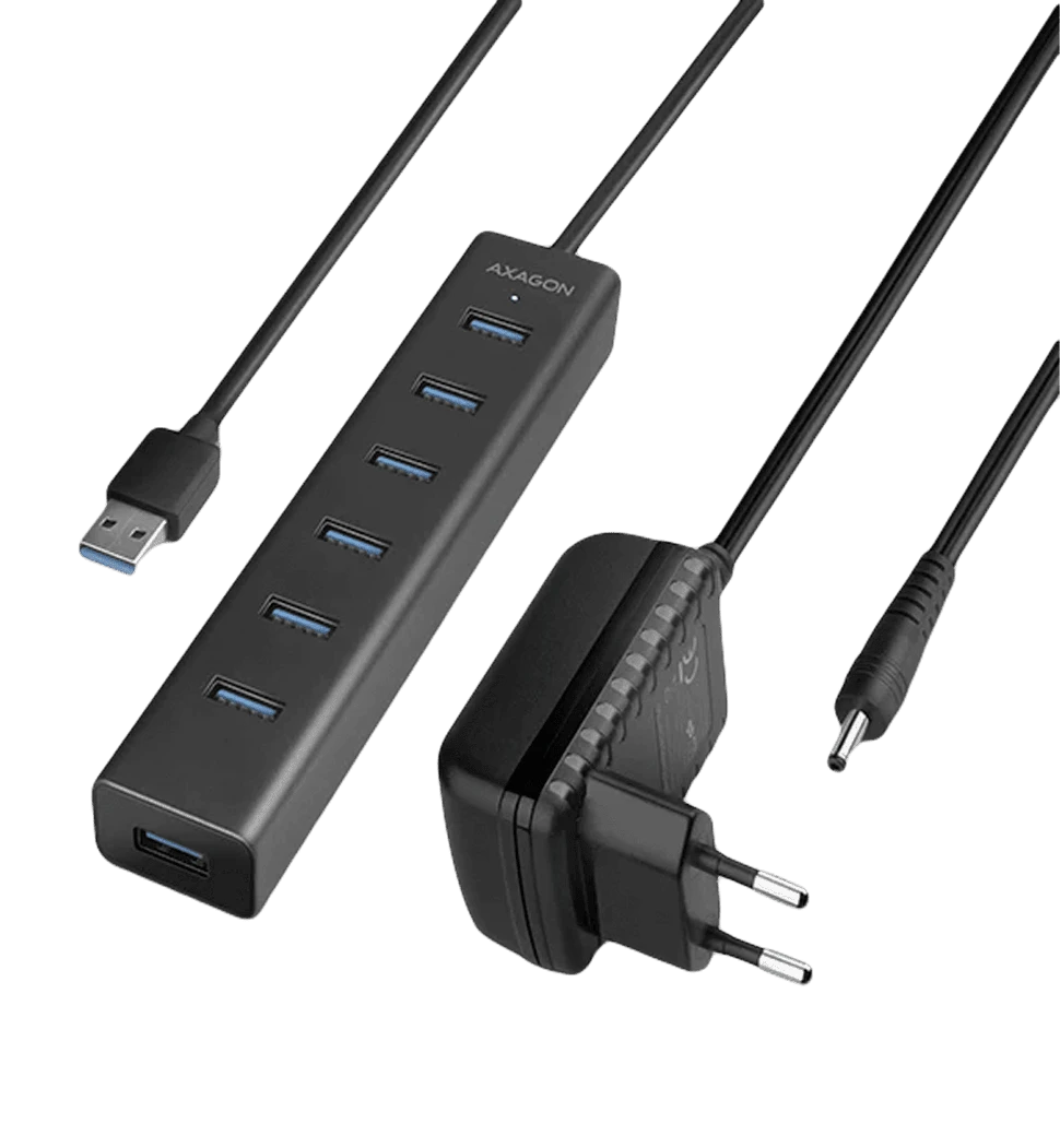 Хаб AXAGON HUE-SA7BP USB3.0 CHARGING hub, USB-A кабель 40см, Чорний