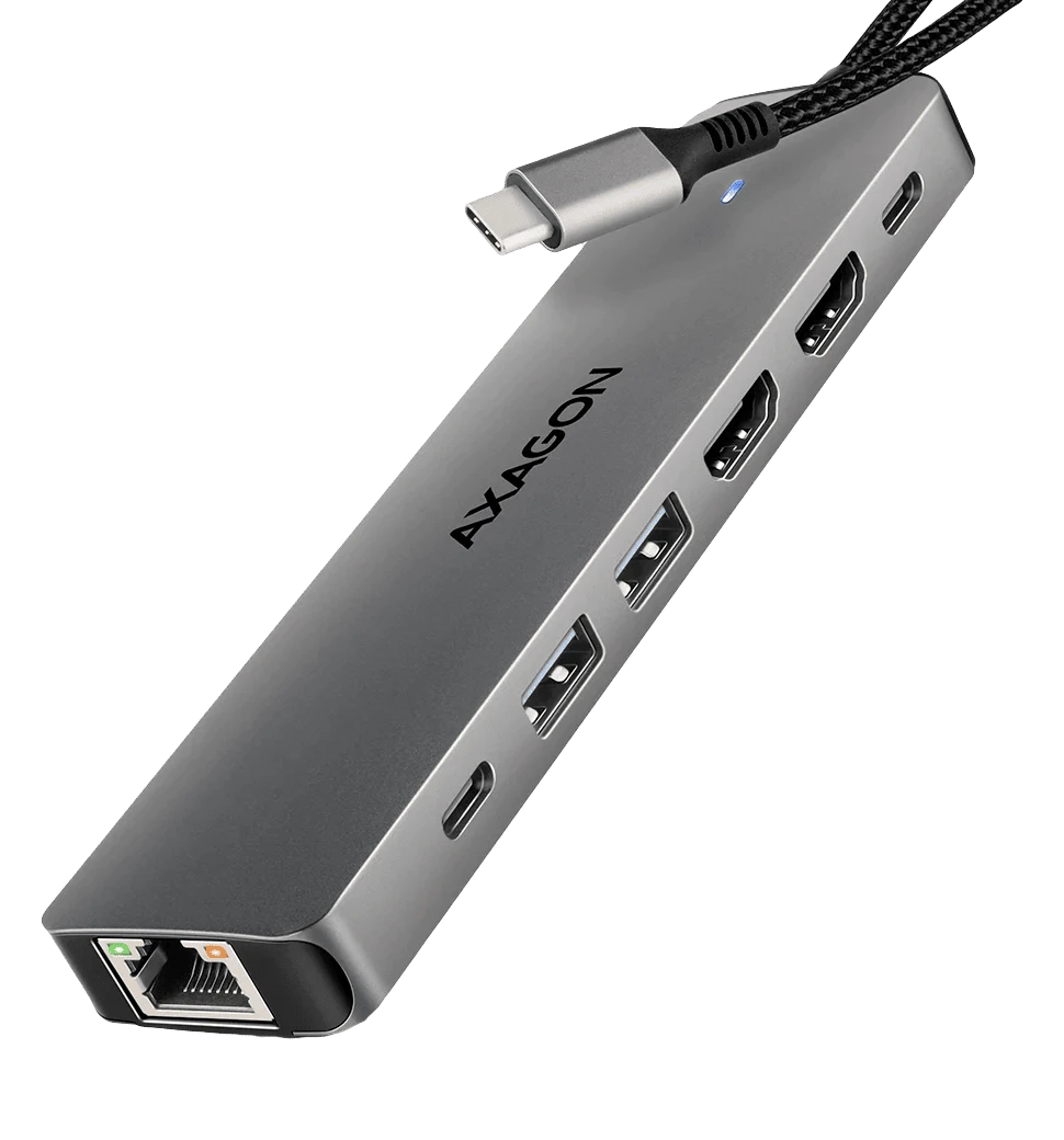 Хаб концентратор AXAGON HMC-7HX2 USB-C 5Гбіт/с DUAL 4K DISPLAY 7in1 hub, Сірий